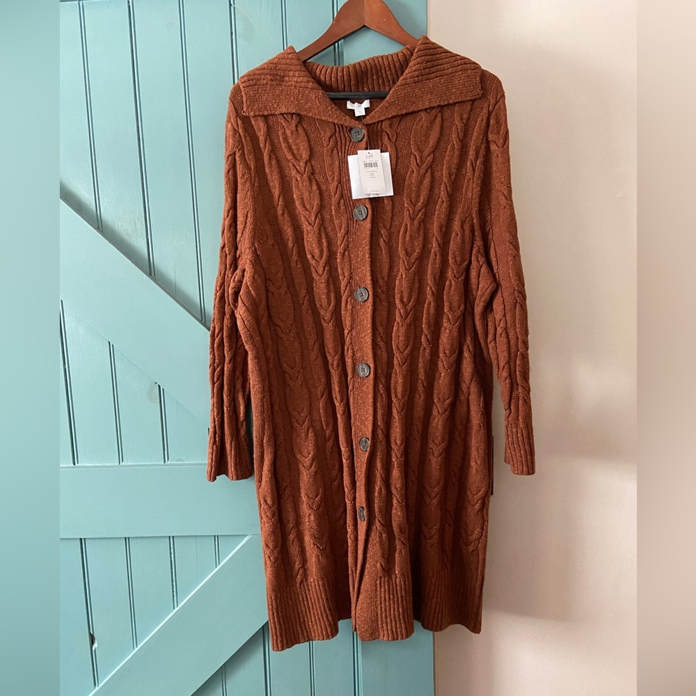 J.Jill Womens Cable-knit Cardigan Button Up Duster Sweater Auburn Sz 2X